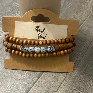 Wood Bead Stretch Bracelet Set with Marble Accent - Brown